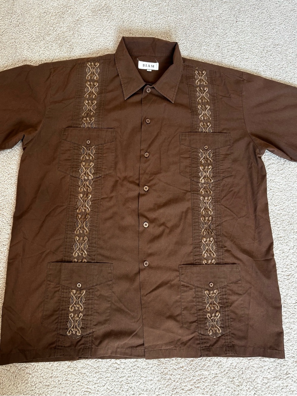 Siam Brown Short-Sleeve Embroidered Guayabera Button-Down Shirt